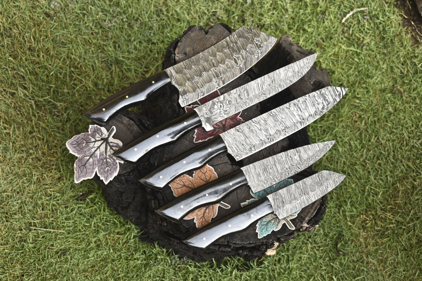 Handmade Chef Knife Set Twist Damascus Steel with Corian Handles – Lot of 5 EDC Razor Sharp Knives