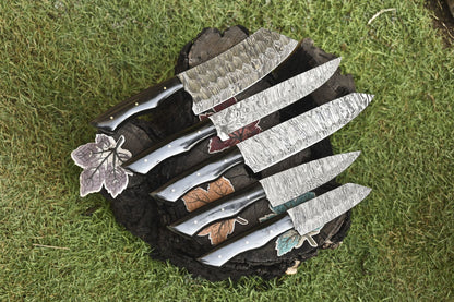 Handmade Chef Knife Set Twist Damascus Steel with Corian Handles – Lot of 5 EDC Razor Sharp Knives