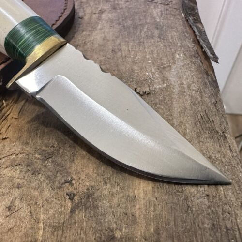 8" Stainless Steel Hunter/Skinner Knife with Camel Bone Handle & Leather Sheath – Handmade Fixed Blade