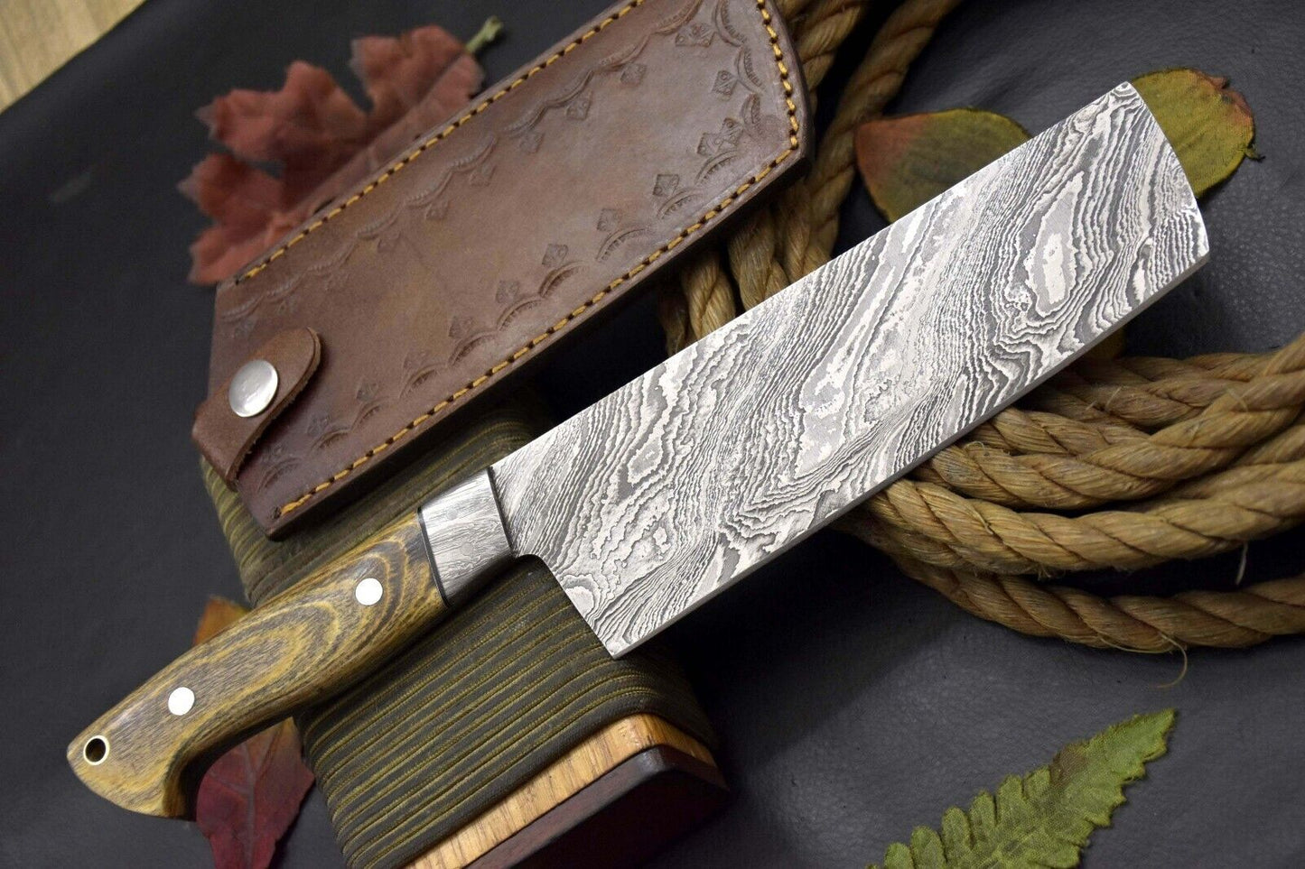 Custom 11.1 Inch Overall Handmade Damascus Steel Fixed Blade Nakiri Chef Knife with Leather Sheath
