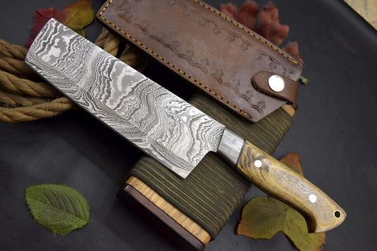 Custom 11.1 Inch Overall Handmade Damascus Steel Fixed Blade Nakiri Chef Knife with Leather Sheath