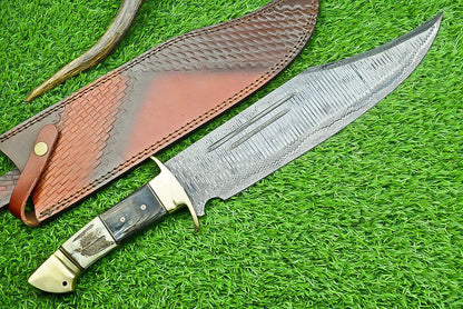 Heritage Forge 21 Inch Damascus Steel Bowie Knife with Stag Horn and Hardwood Handle