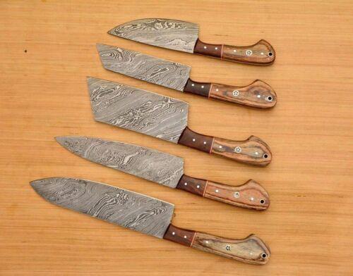 Custom Handmade Damascus Chef Knife Set of 5 – Professional Kitchen Knives with Leather Sheath