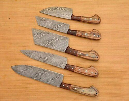 Custom Handmade Damascus Chef Knife Set of 5 – Professional Kitchen Knives with Leather Sheath
