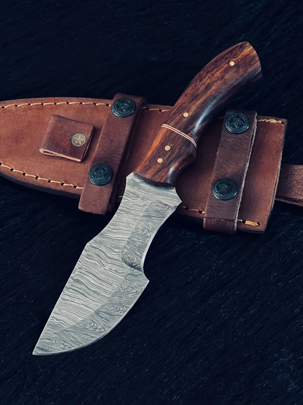 9" Fire Damascus Steel Tanto Knife –  Wood Handle with Leather Sheath