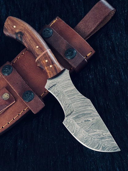 9" Fire Damascus Steel Tanto Knife –  Wood Handle with Leather Sheath
