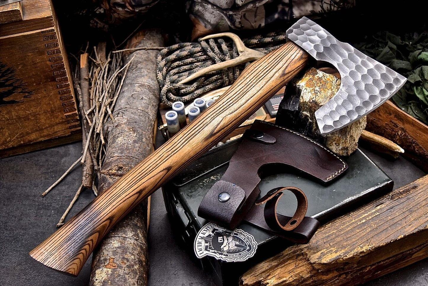 Handmade 1095 Forged Bearded Viking Axe – Camping Hatchet with Leather Sheath