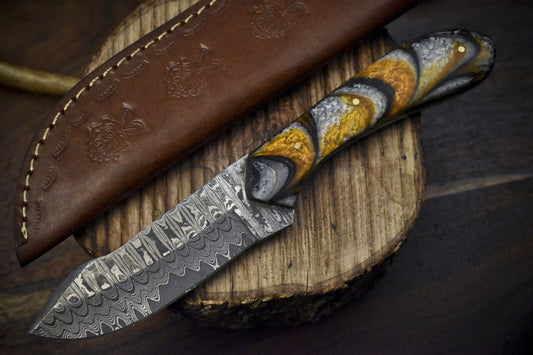 Handmade Ladder Damascus Skinner Knife Corain Handle Survival Bushcraft Blade