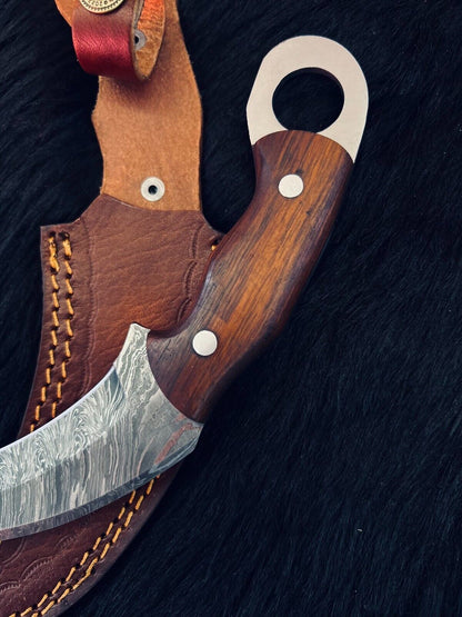 Heritage Forge 9.5 Inch Twist Damascus Steel Karambit Knife with Wood Handle