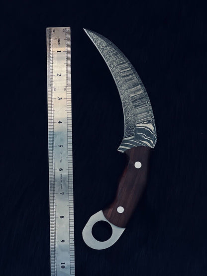 Heritage Forge 9.5 Inch Twist Damascus Steel Karambit Knife with Wood Handle