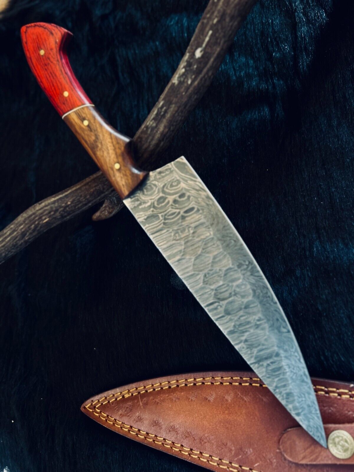 12.5" Custom Handmade Fire Damascus Steel Santoku Chef Knife