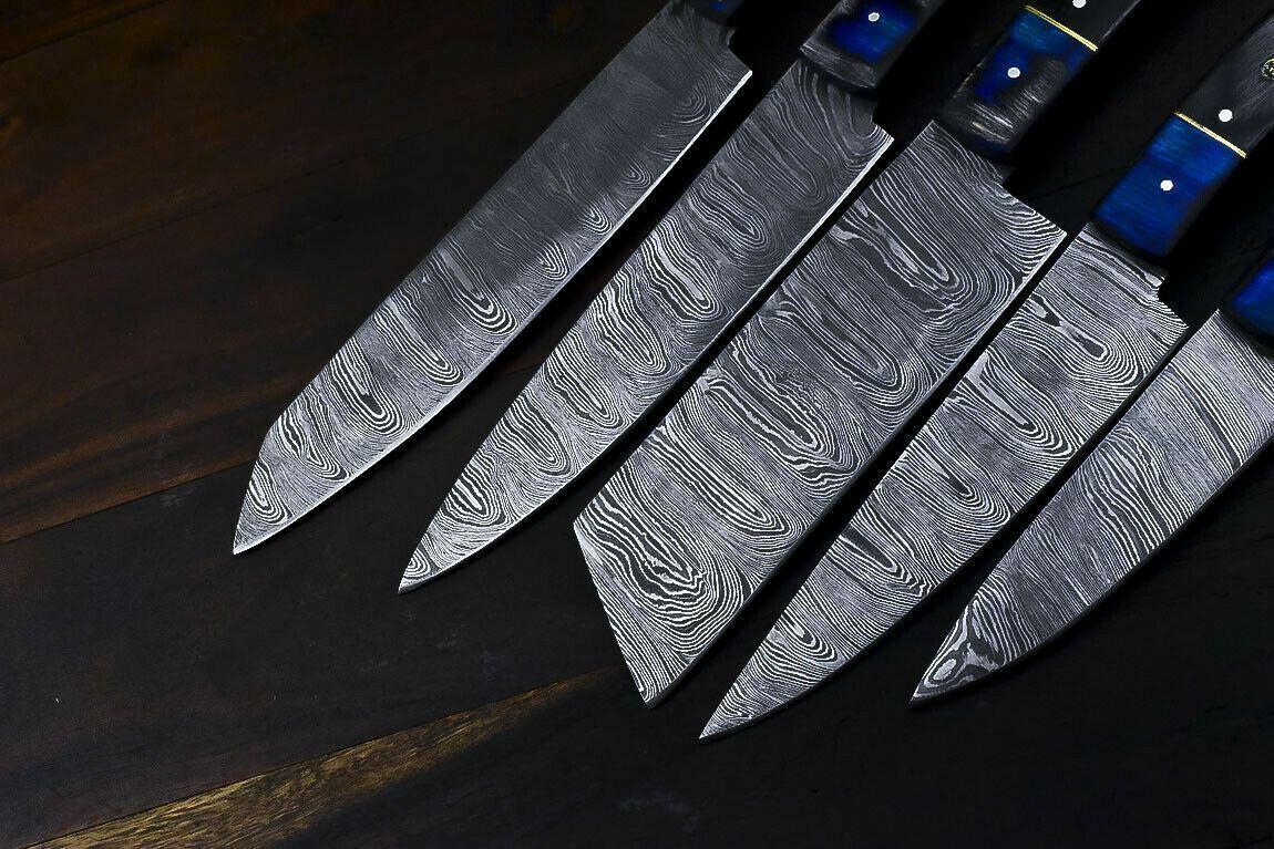 Damascus Kitchen Knife Set – Handmade Chef Knives with Twisted Damascus Pattern – Rare Forged Steel – Hardwood Handle – Leather Sheath Included