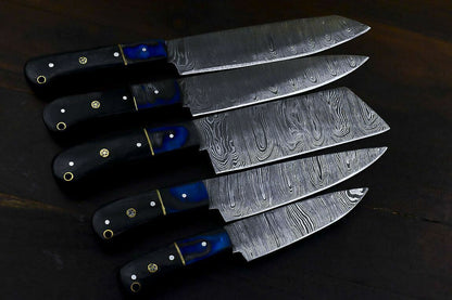 Damascus Kitchen Knife Set – Handmade Chef Knives with Twisted Damascus Pattern – Rare Forged Steel – Hardwood Handle – Leather Sheath Included