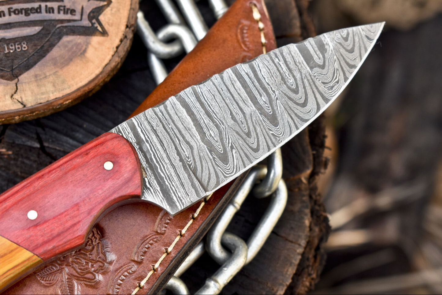 Custom Skinner Knife Twist Damascus Hard Wood Wooden Bolster Gift with Leather Sheath