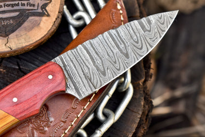 Custom Skinner Knife Twist Damascus Hard Wood Wooden Bolster Gift with Leather Sheath
