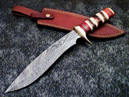 15" Hand Forged Damascus Hunting Bowie Knife | Full Tang
