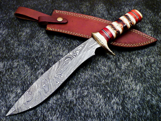 15" Hand Forged Damascus Bowie Knife Damascus Steel Knife With Leather Sheath