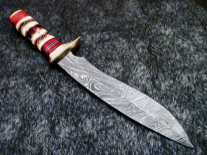 15" Hand Forged Damascus Hunting Bowie Knife | Full Tang