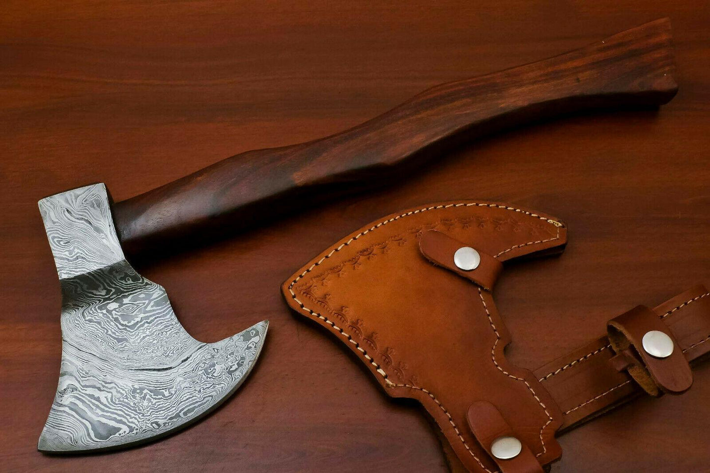 Handmade Damascus Tomahawk Hatchet Axe Integral with Leather Sheath