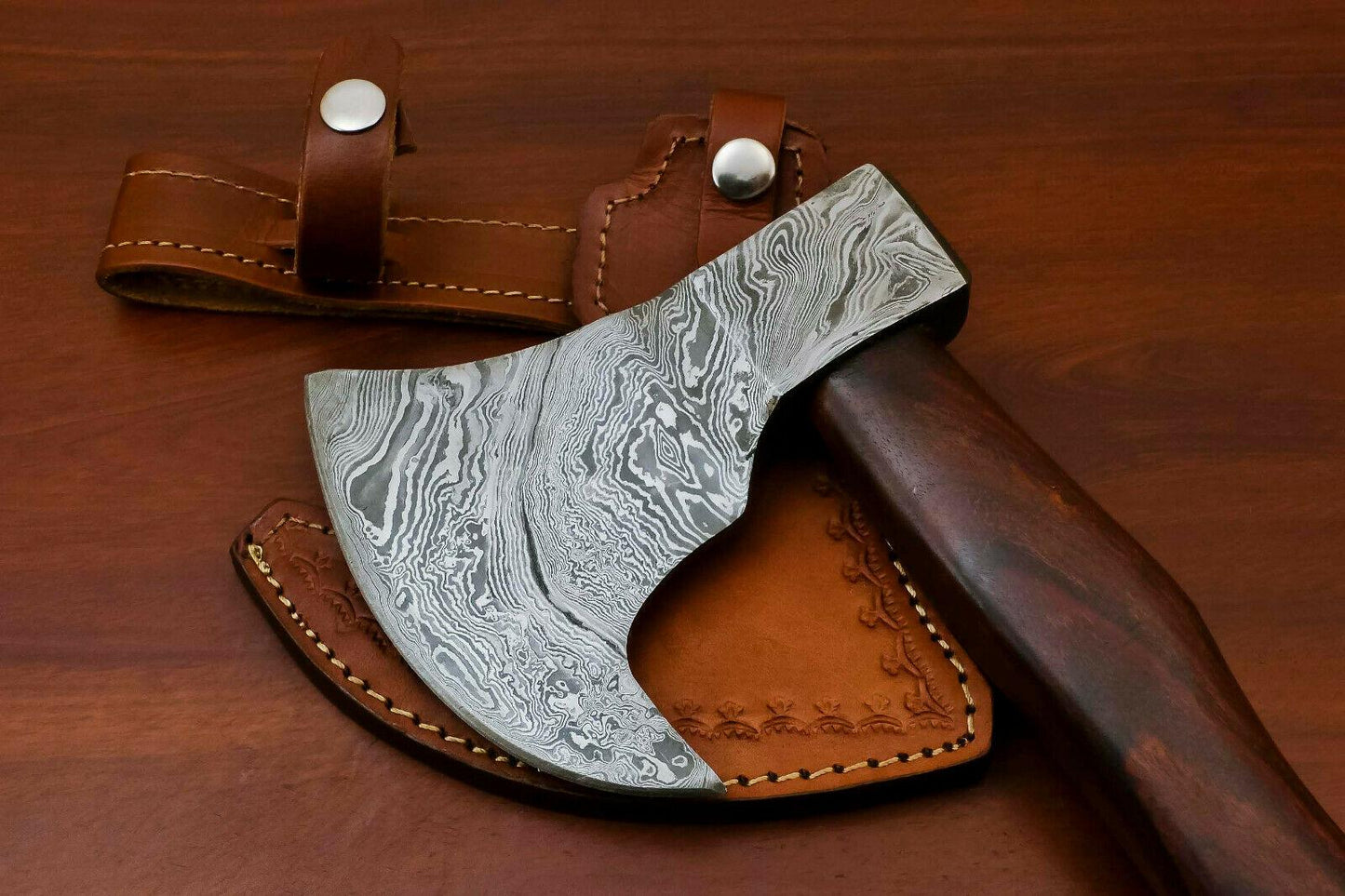 Handmade Damascus Tomahawk Hatchet Axe Integral with Leather Sheath