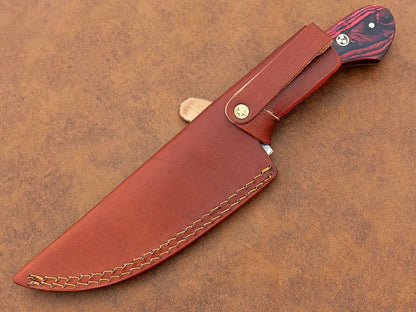 Custom Handmade Damascus Steel Chef Knife – BBQ Special with Natural Wood Handle & Leather Sheath