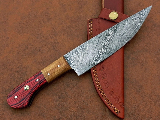 Custom Handmade Damascus Steel Chef Knife – BBQ Special with Natural Wood Handle & Leather Sheath