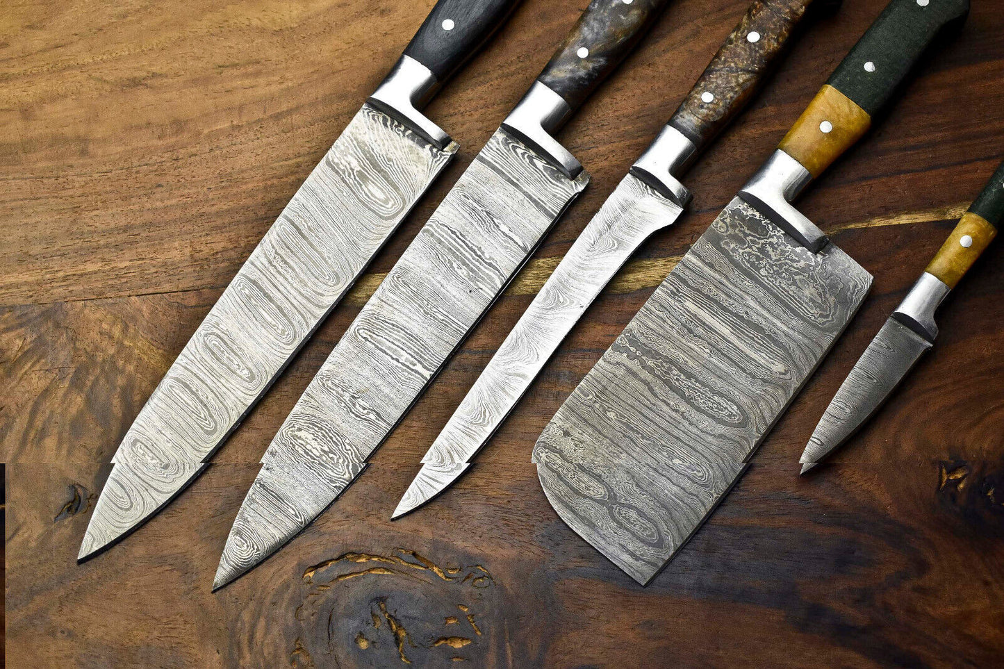 Lot of 5 Handmade Hammered Damascus Steel Blade Chef Knives – 10" to 13" Professional Kitchen Set