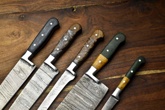 Lot of 5 Handmade Hammered Damascus Steel Blade Chef Knives – 10" to 13" Professional Kitchen Set