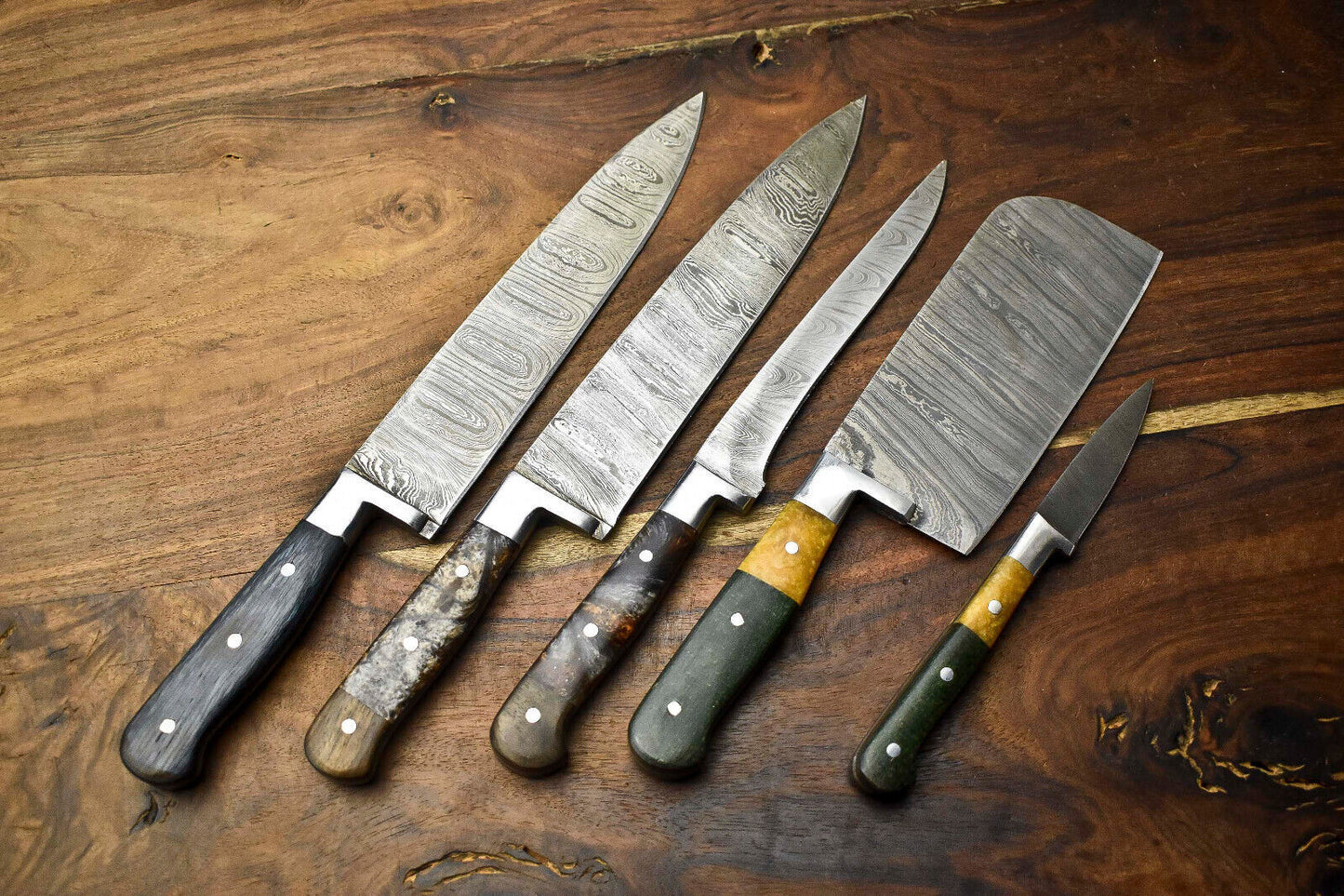Lot of 5 Handmade Hammered Damascus Steel Blade Chef Knives – 10" to 13" Professional Kitchen Set