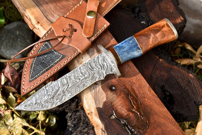 12 Inch Custom Damascus Bowie Knife with Camel Bone Handle and Leather Sheath
