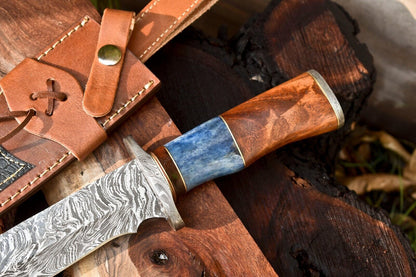 12 Inch Custom Damascus Bowie Knife with Camel Bone Handle and Leather Sheath