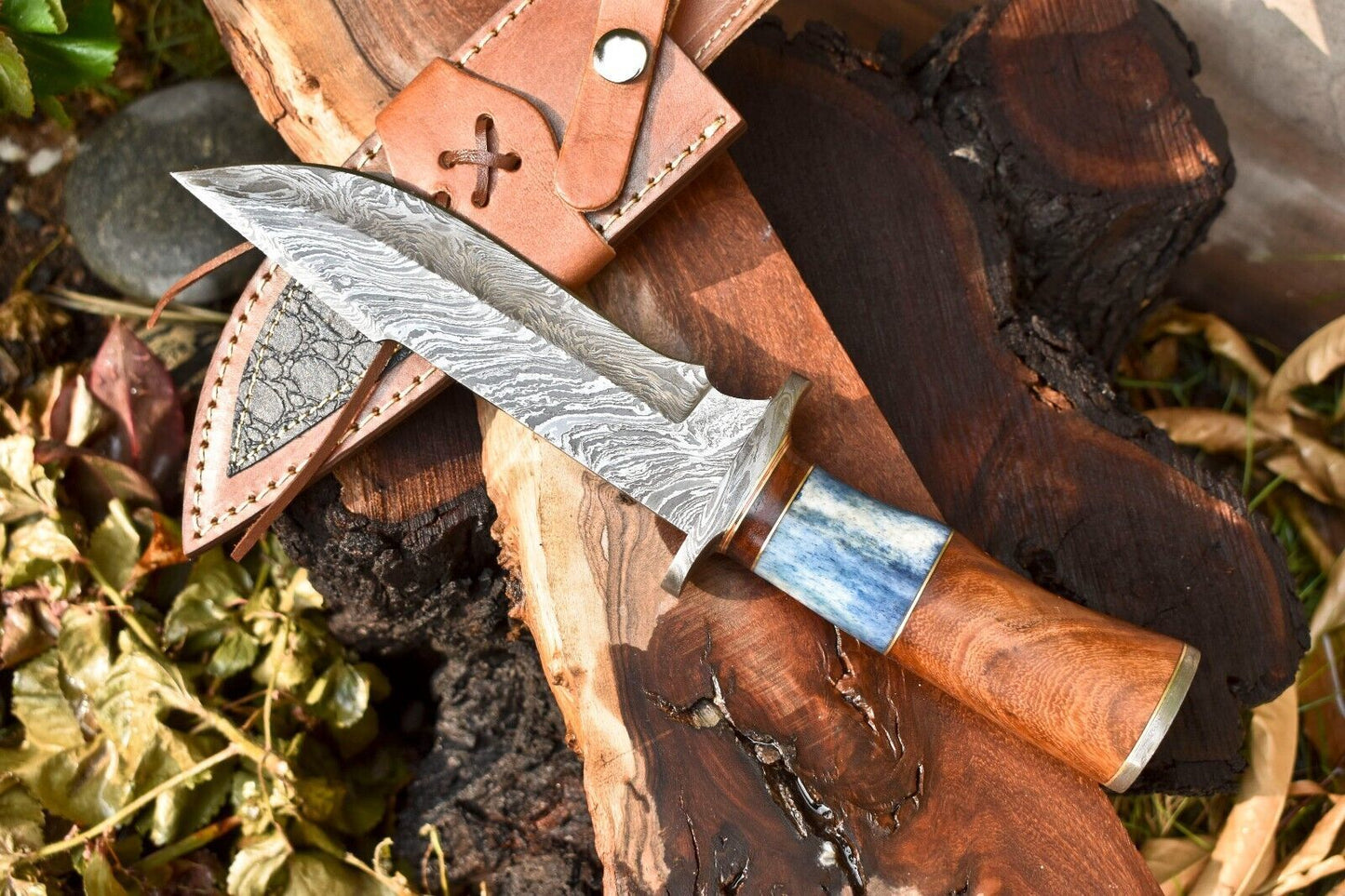 12 Inch Custom Damascus Bowie Knife with Camel Bone Handle and Leather Sheath