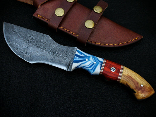 Handmade Hand-Forged Damascus Steel Tracker Hunting Knife – Fixed Blade, Full Tang, Leather Sheath