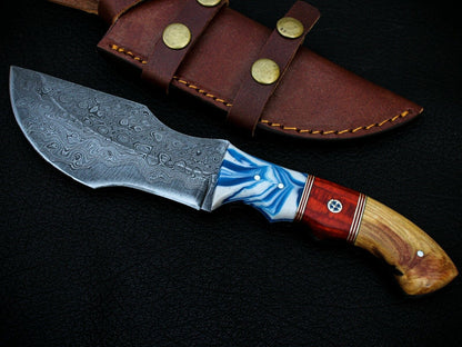 Handmade Hand-Forged Damascus Steel Tracker Hunting Knife – Fixed Blade, Full Tang, Leather Sheath