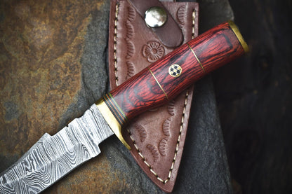 Twist Damascus Skinner Knife with Hardwood Handle Handmade Hunting Tool
