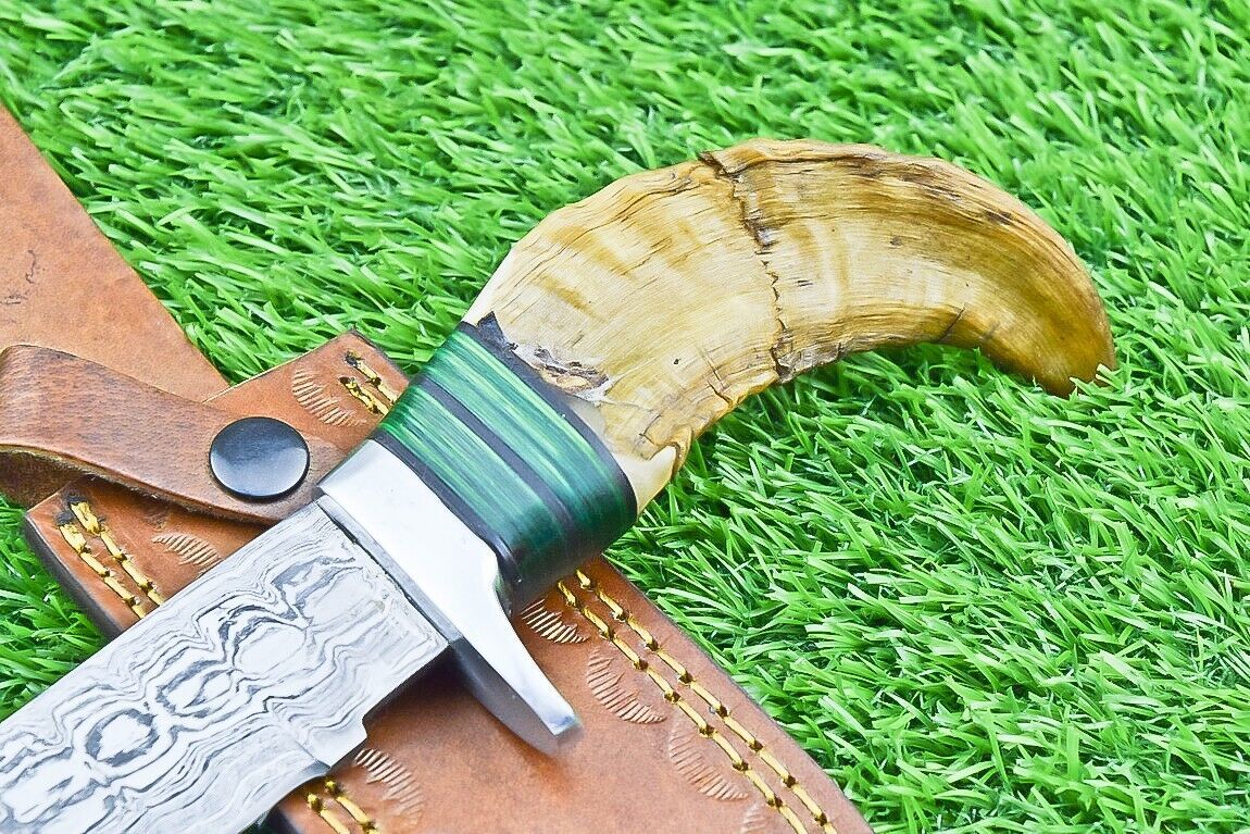 12 Inch Hand Forged Damascus Steel Bowie Knife with Ram Horn and Wood Handle