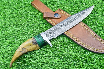 12 Inch Hand Forged Damascus Steel Bowie Knife with Ram Horn and Wood Handle