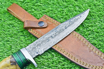 12 Inch Hand Forged Damascus Steel Bowie Knife with Ram Horn and Wood Handle
