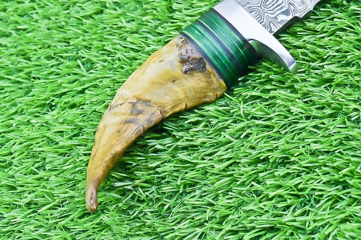 12 Inch Hand Forged Damascus Steel Bowie Knife with Ram Horn and Wood Handle