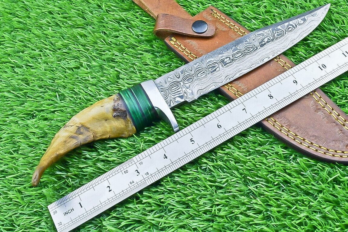 12 Inch Hand Forged Damascus Steel Bowie Knife with Ram Horn and Wood Handle