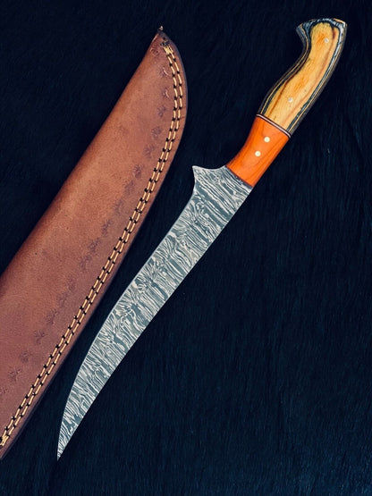 12.5" Handmade Damascus Fillet Knife Fire Damascus Steel Fillet Knife W/Sheath