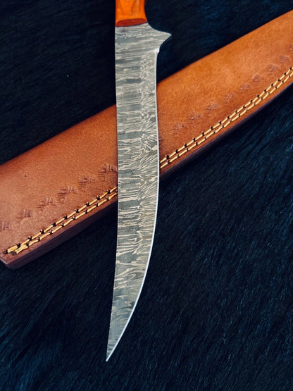12.5" Handmade Damascus Fillet Knife Fire Damascus Steel Fillet Knife W/Sheath
