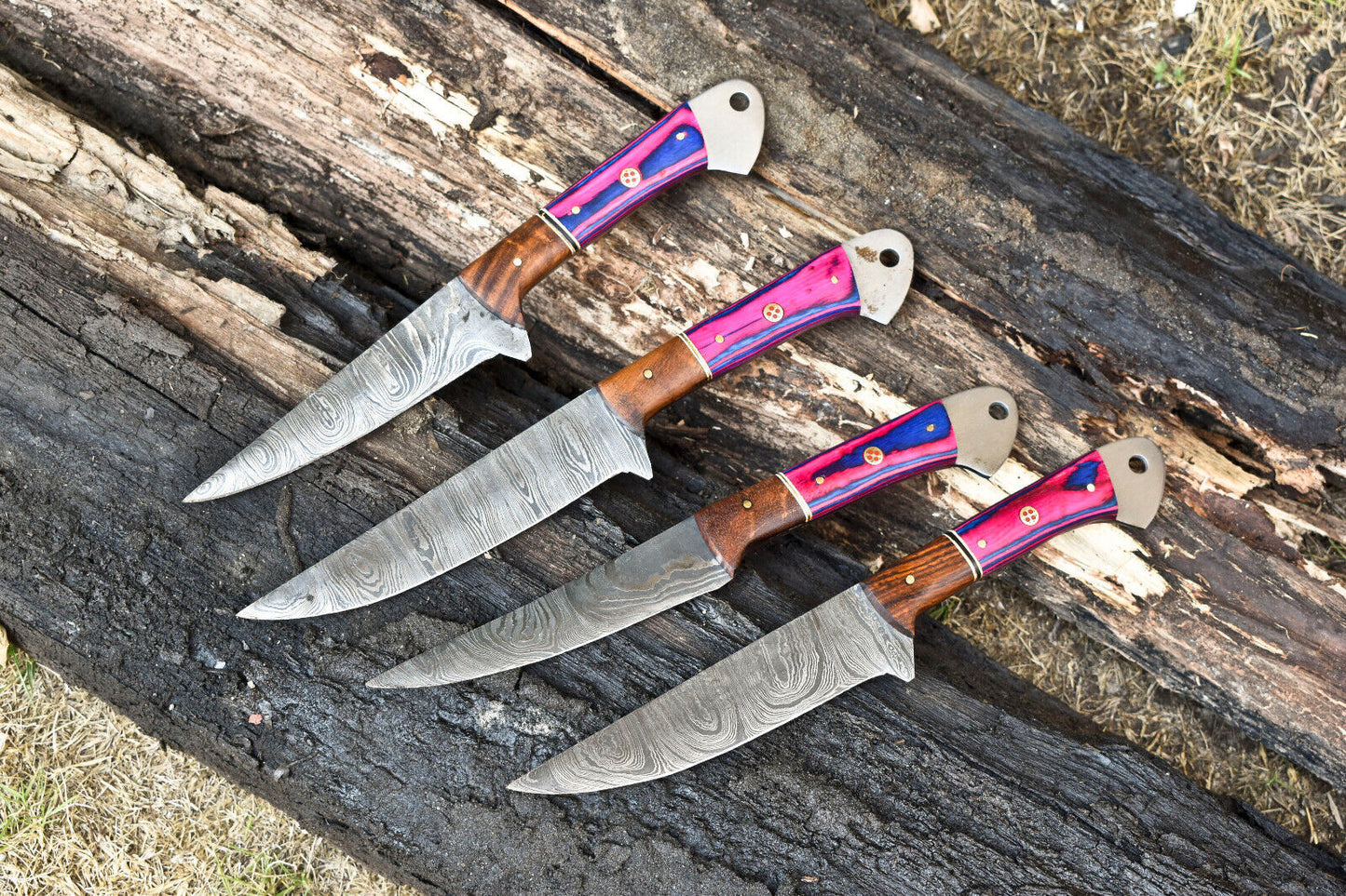 Lot of 4 Custom Handmade Damascus Steel Blade Full Tang Chef Knife Set – 100% Handmade