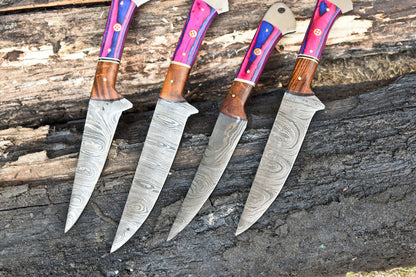 Lot of 4 Custom Handmade Damascus Steel Blade Full Tang Chef Knife Set – 100% Handmade