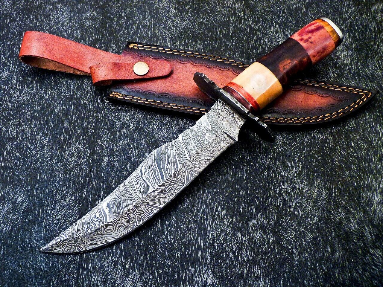 Custom Hand Forged Damascus Steel 13" Hunting Bowie Knife | Natural Wood & Camel Bone Handle