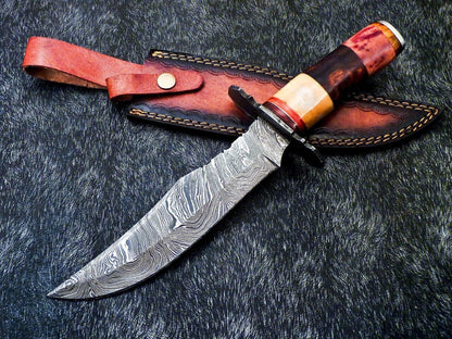 Custom Hand Forged Damascus Steel 13" Hunting Bowie Knife | Natural Wood & Camel Bone Handle