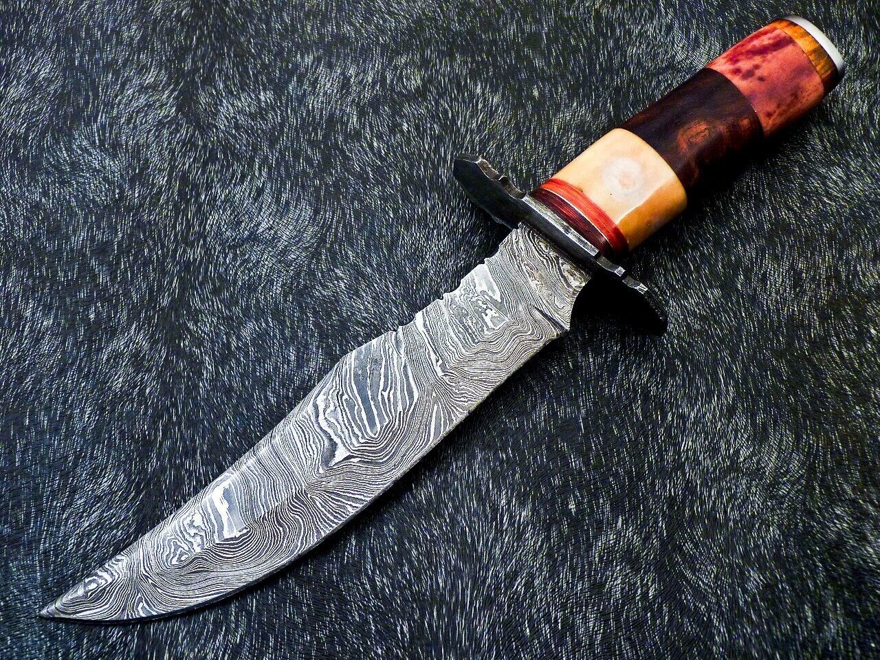 Custom Hand Forged Damascus Steel 13" Hunting Bowie Knife | Natural Wood & Camel Bone Handle