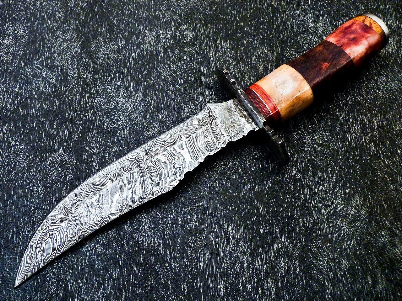 Custom Hand Forged Damascus Steel 13" Hunting Bowie Knife | Natural Wood & Camel Bone Handle