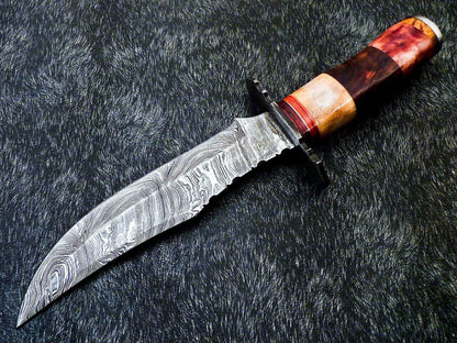 Custom Hand Forged Damascus Steel 13" Hunting Bowie Knife | Natural Wood & Camel Bone Handle
