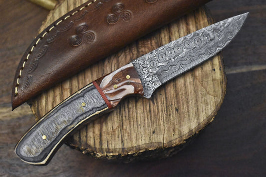 Custom Forged Rain Drop Damascus Skinner Knife with Hardwood Handle – 8" Camping & Hunting Blade